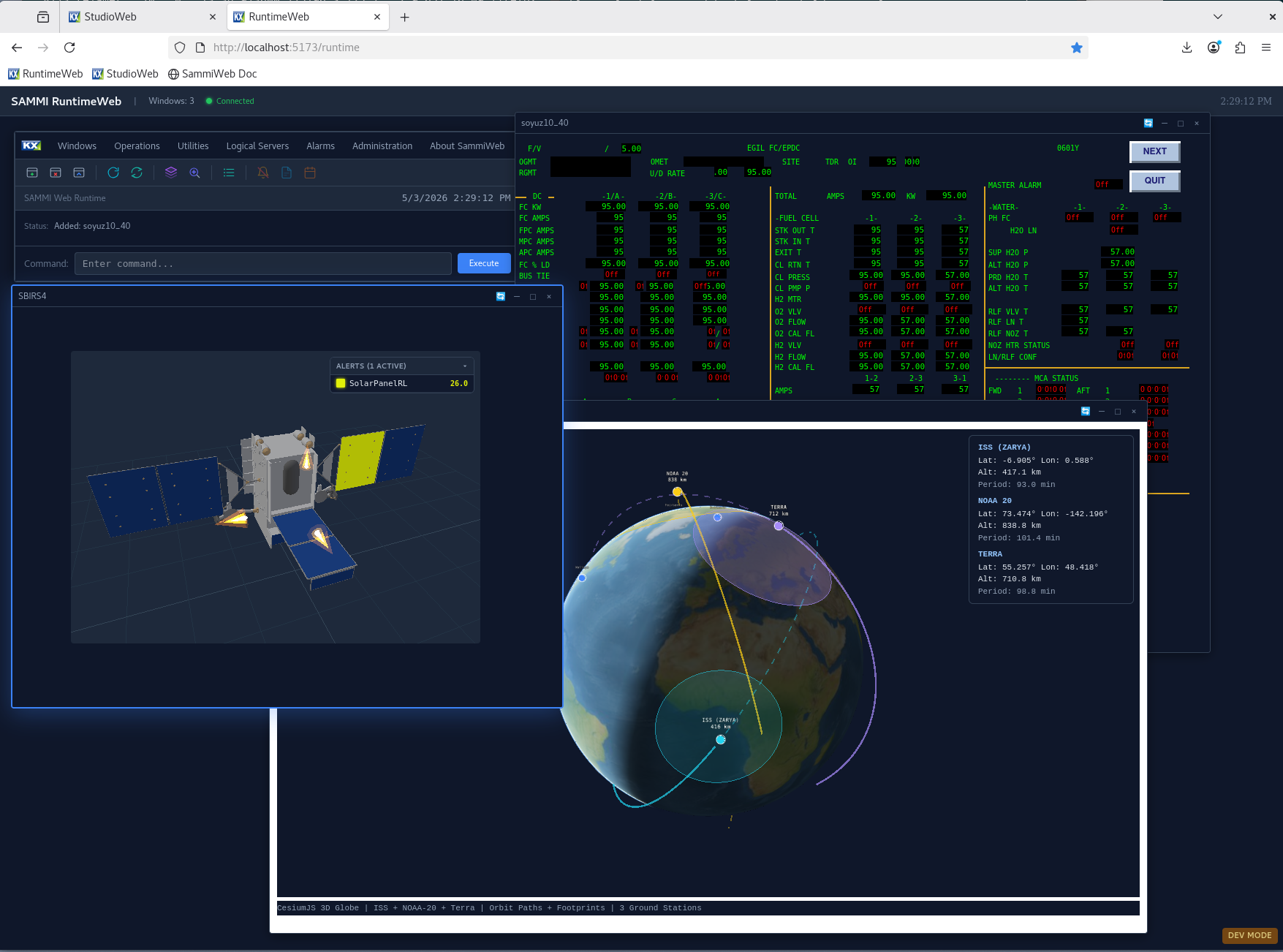 SammiWeb RuntimeWeb — satellite command and control display running in the browser
